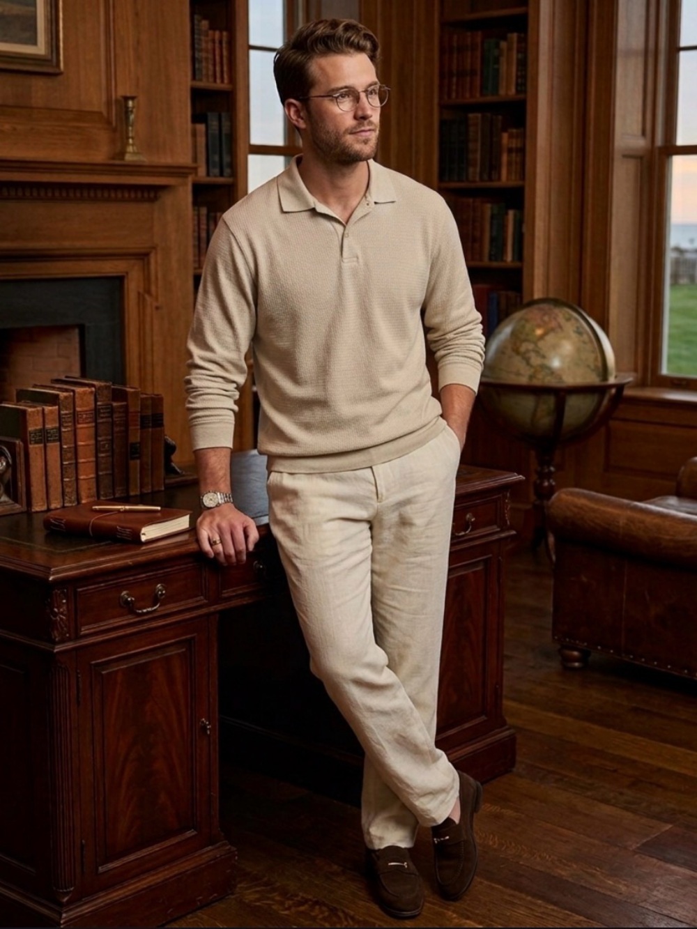 Izod Old Money Beige Long Sleeve 2 Button Ribbed Collar Polo Pullover Sweater XL